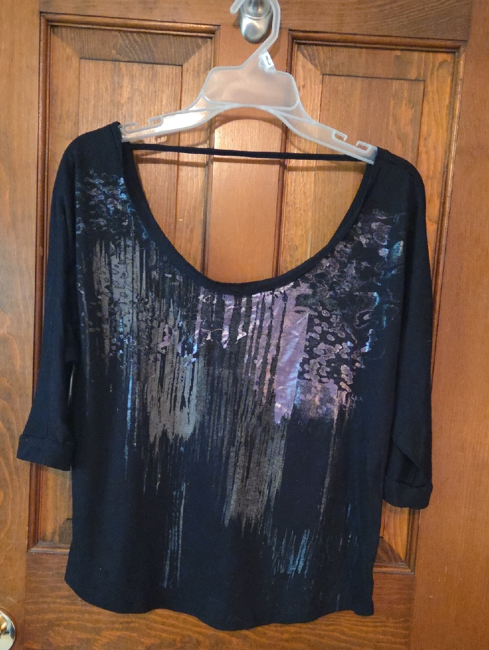 Decree Black Scoop Neck Elbow Sleeve Top with Iridescent Metallic Print